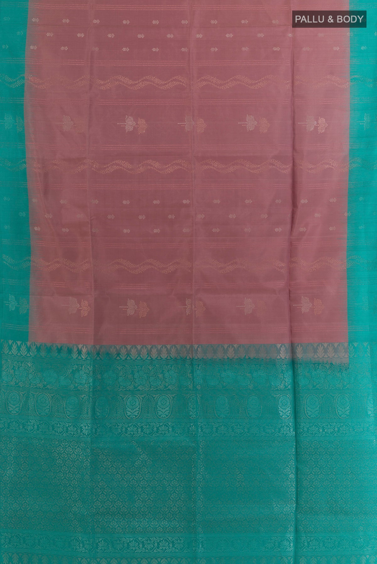 Flat view of Pure Silk Rose Gold Soft Saree with Zari Butta on the body and Zari Border. 
