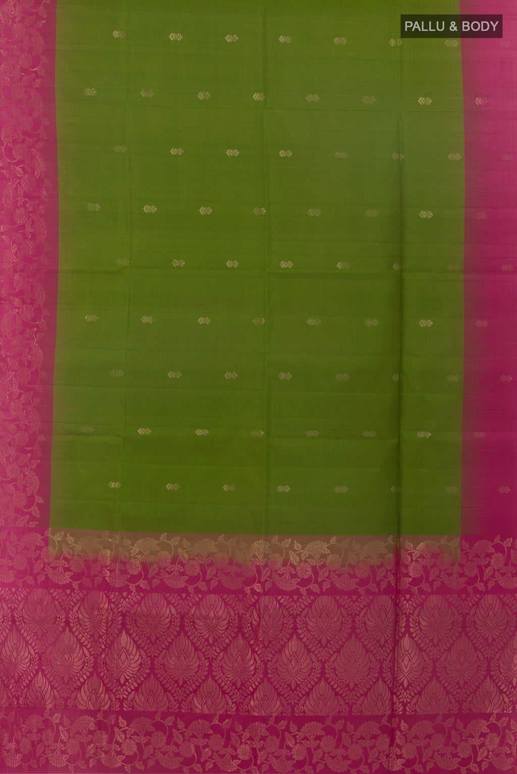 Flat view of Pure Silk Green Soft Saree with Zari Butta on the body and Zari Border. 