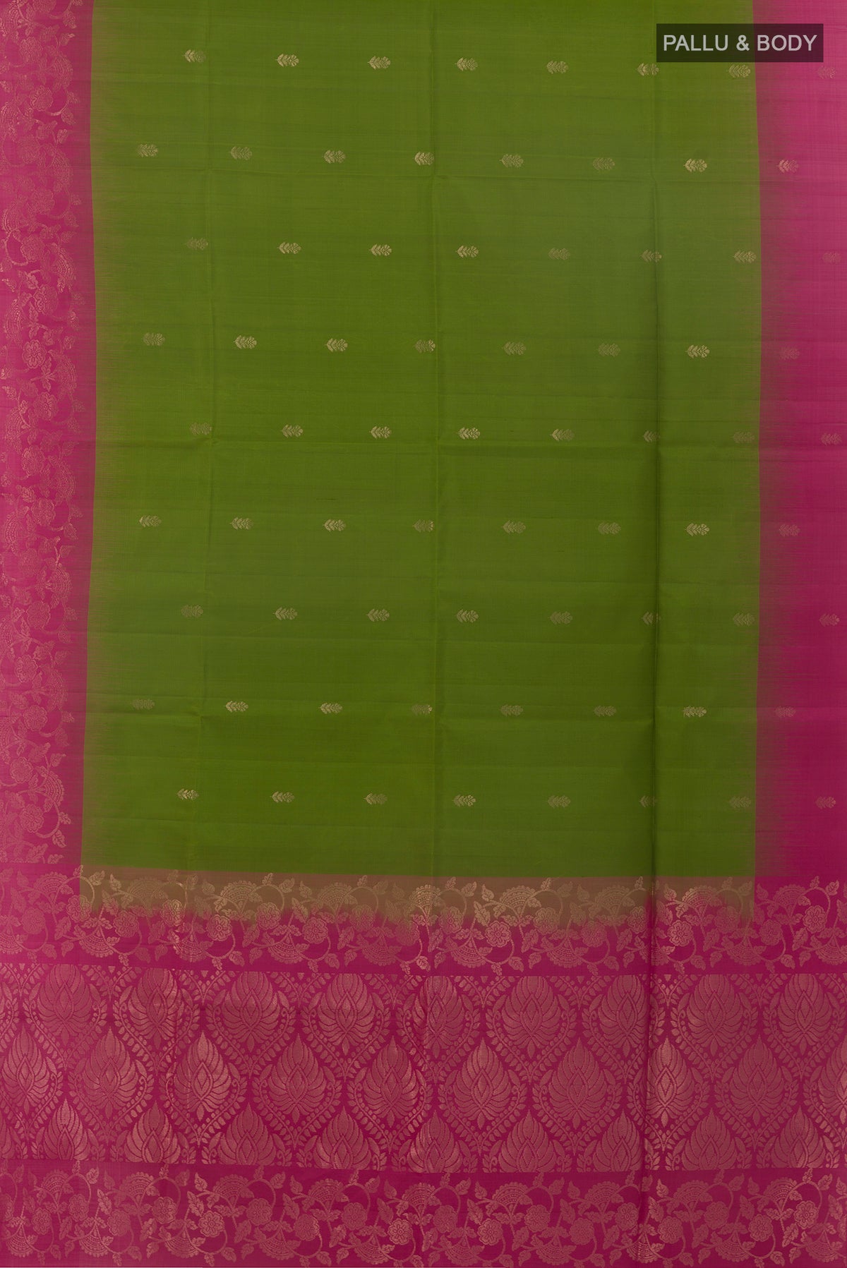 Flat view of Pure Silk Green Soft Saree with Zari Butta on the body and Zari Border. 