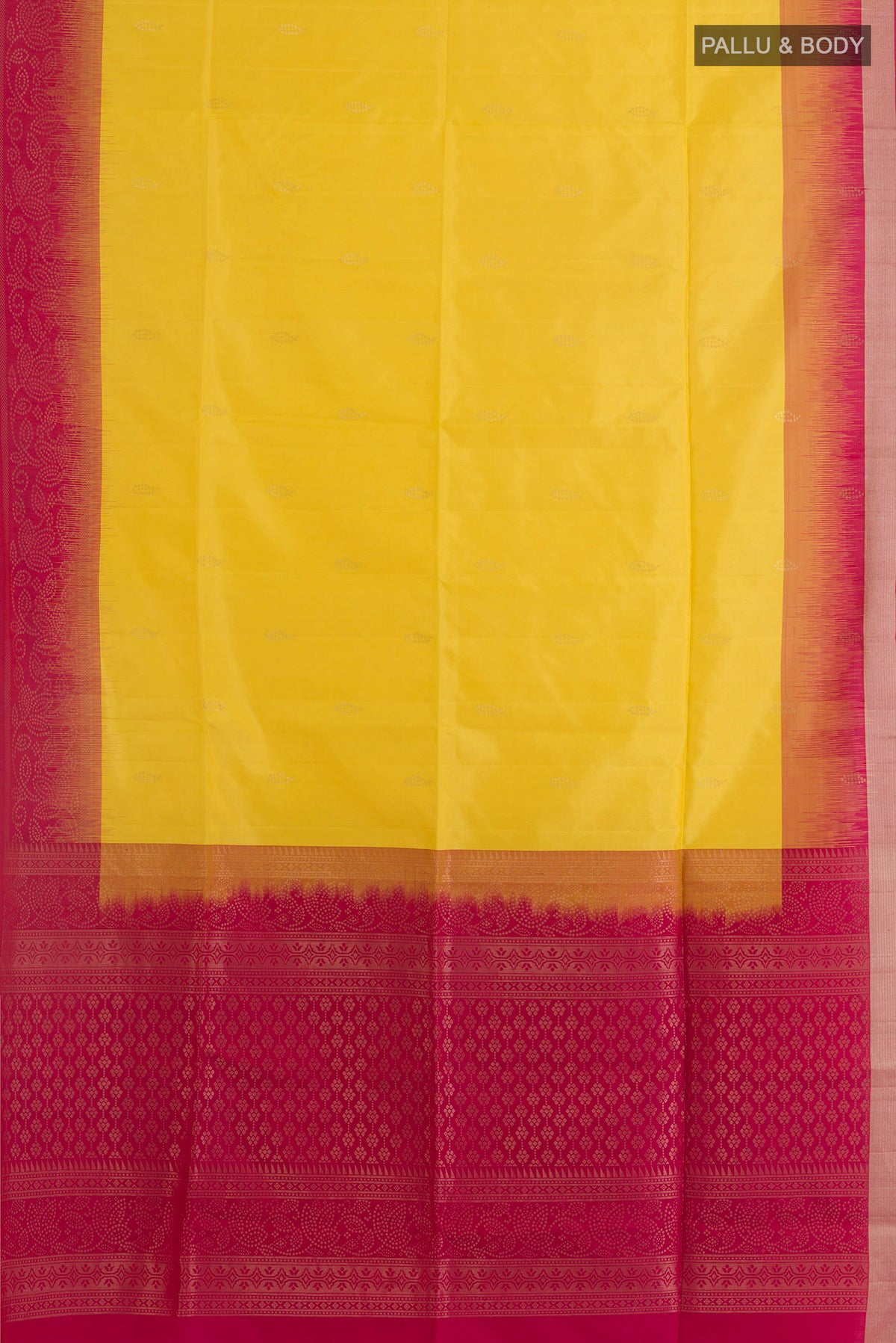 Flat view of Pure Silk Yellow Soft Saree with Zari Butta on the body and Zari Border. 