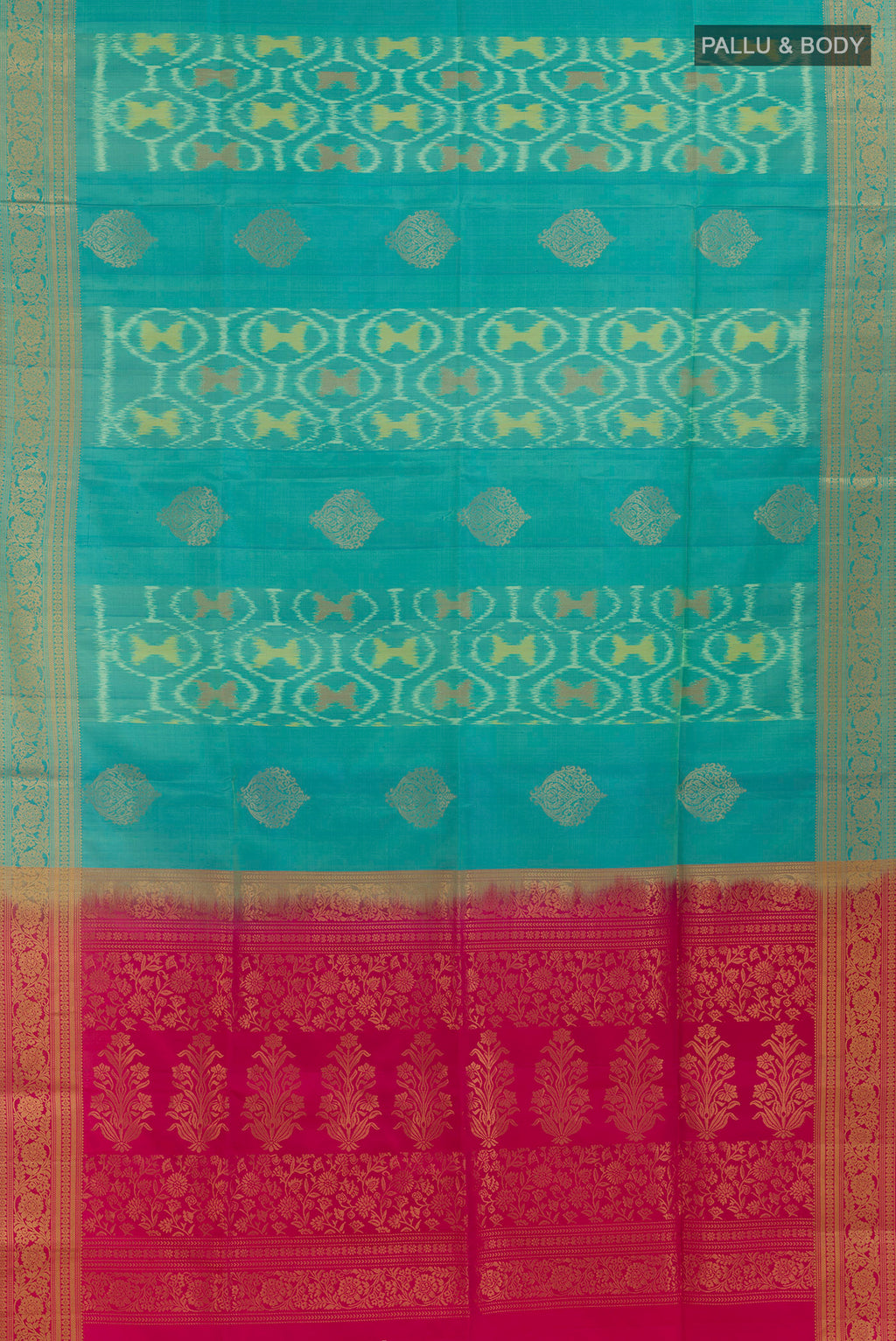 Flat view of Pure Silk Turquoise Soft Saree with Ikat design on the body and Zari Border. 