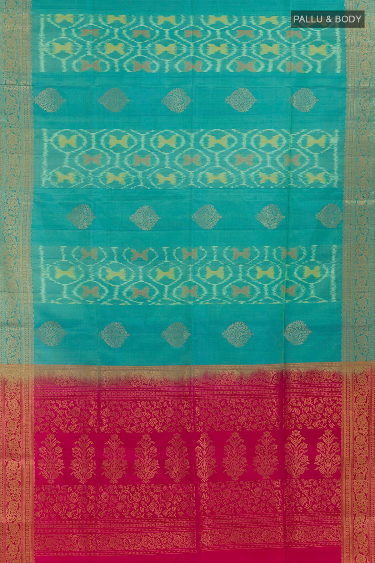 Flat view of Pure Silk Turquoise Soft Saree with Ikat design on the body and Zari Border. 