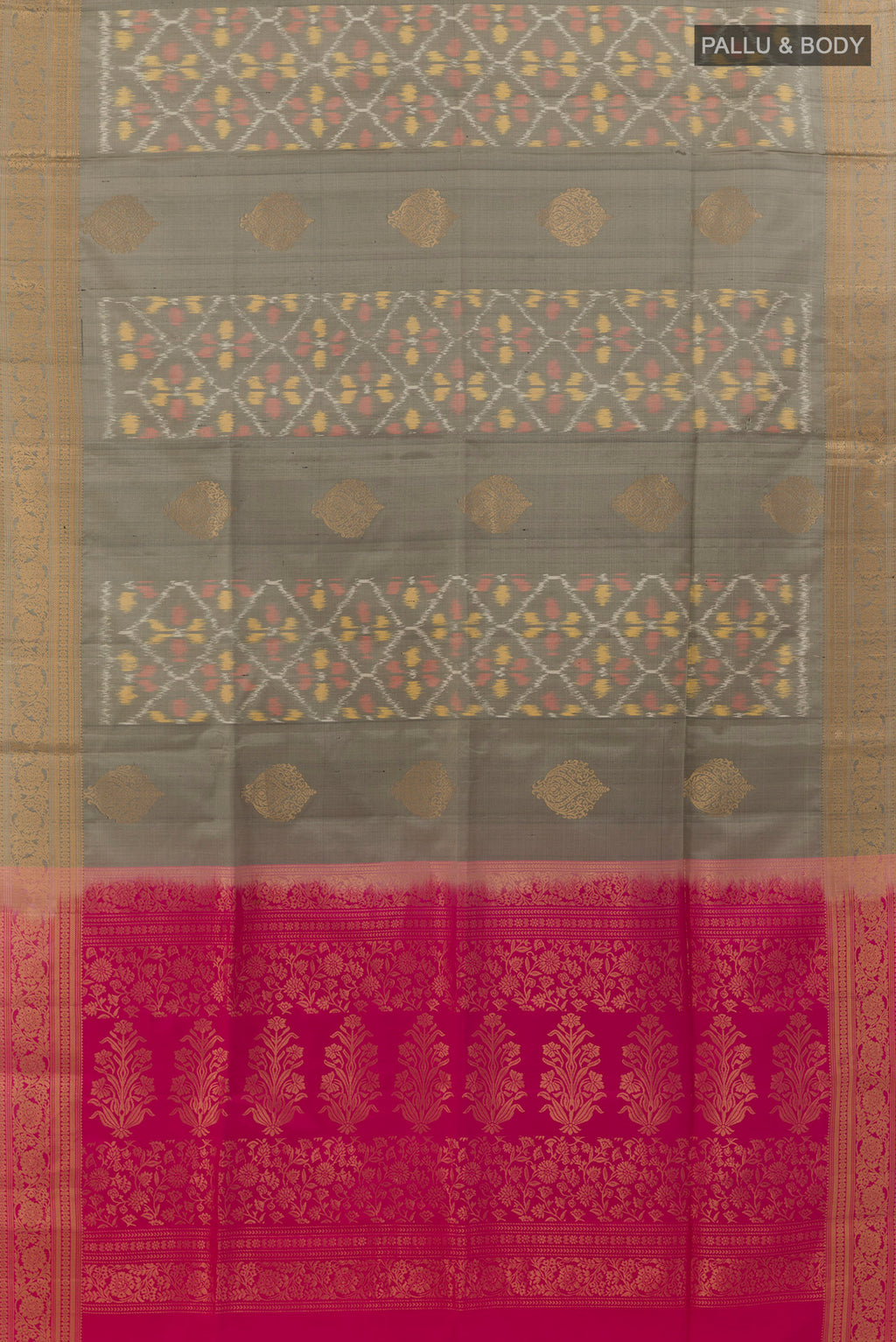 Flat view of Pure Silk Grey Soft Saree with Ikat design on the body and Zari Border. 