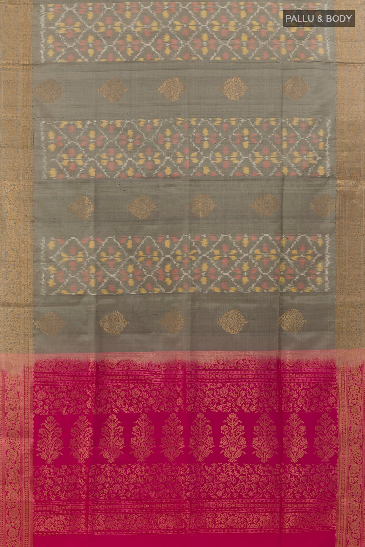 Flat view of Pure Silk Grey Soft Saree with Ikat design on the body and Zari Border. 