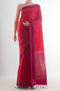 Pure Silk Red Soft Saree with Zari Butta on the body and Zari Border.  displayed on a mannequin