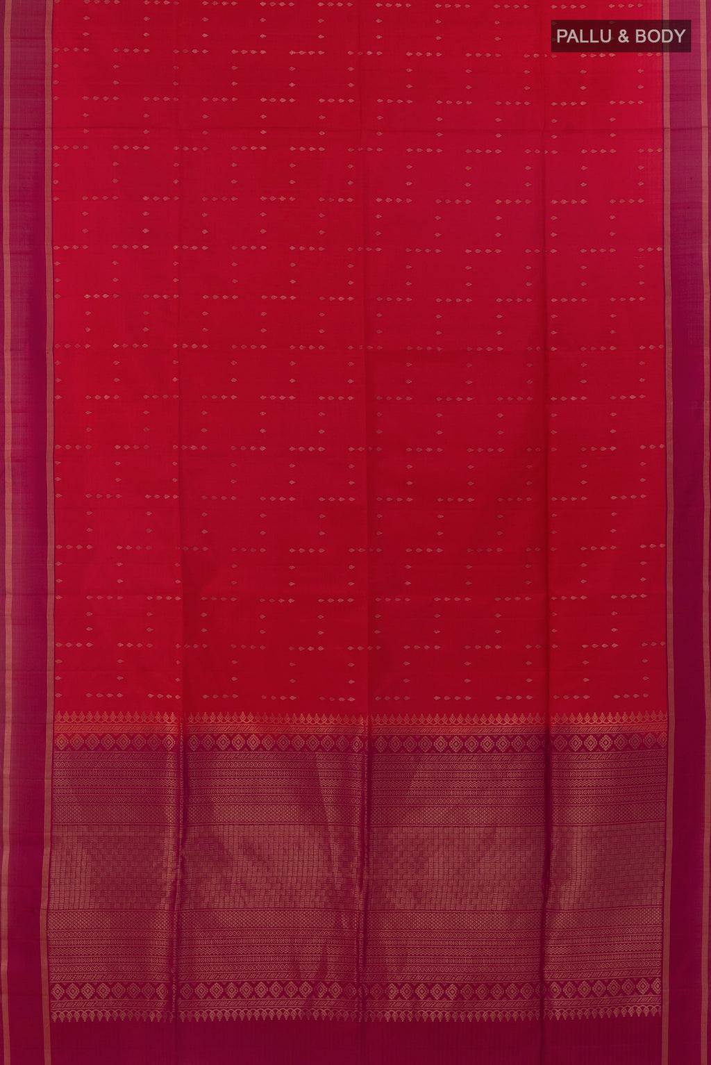 Flat view of Pure Silk Red Soft Saree with Zari Butta on the body and Zari Border. 