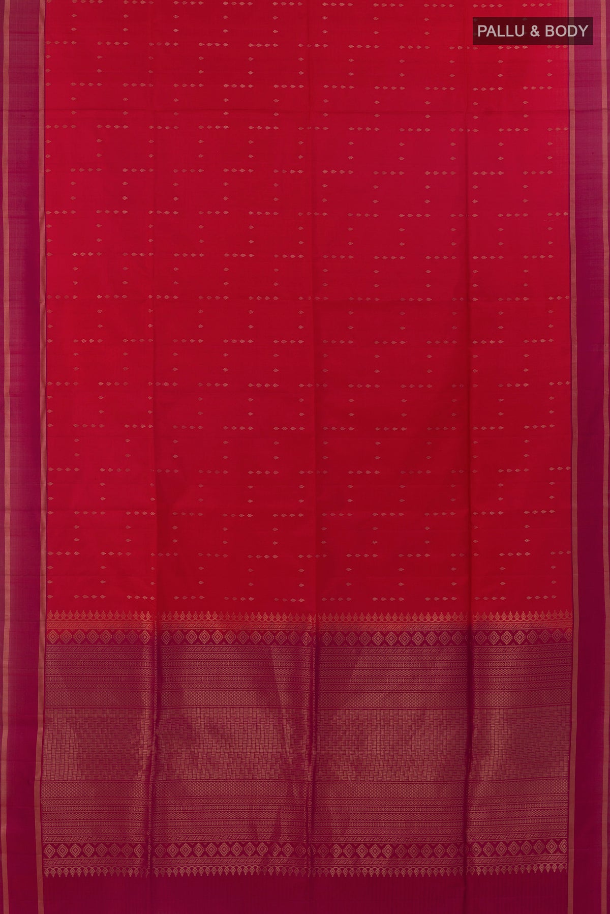 Flat view of Pure Silk Red Soft Saree with Zari Butta on the body and Zari Border. 