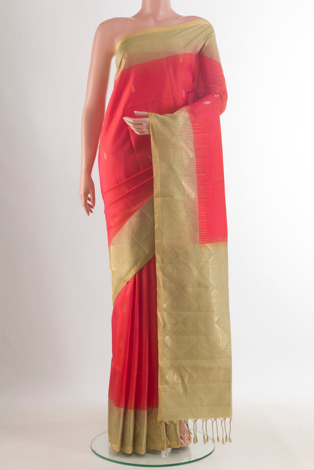 Pure Silk Red Soft Saree with Zari Butta on the body and Zari Border.  displayed on a mannequin
