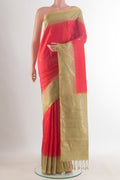 Pure Silk Red Soft Saree with Zari Butta on the body and Zari Border.  displayed on a mannequin