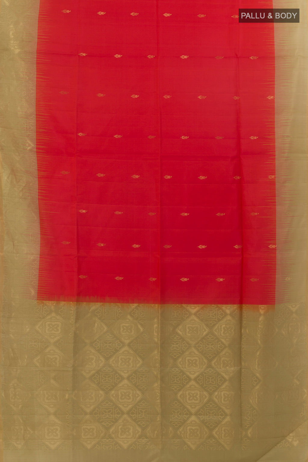 Flat view of Pure Silk Red Soft Saree with Zari Butta on the body and Zari Border. 