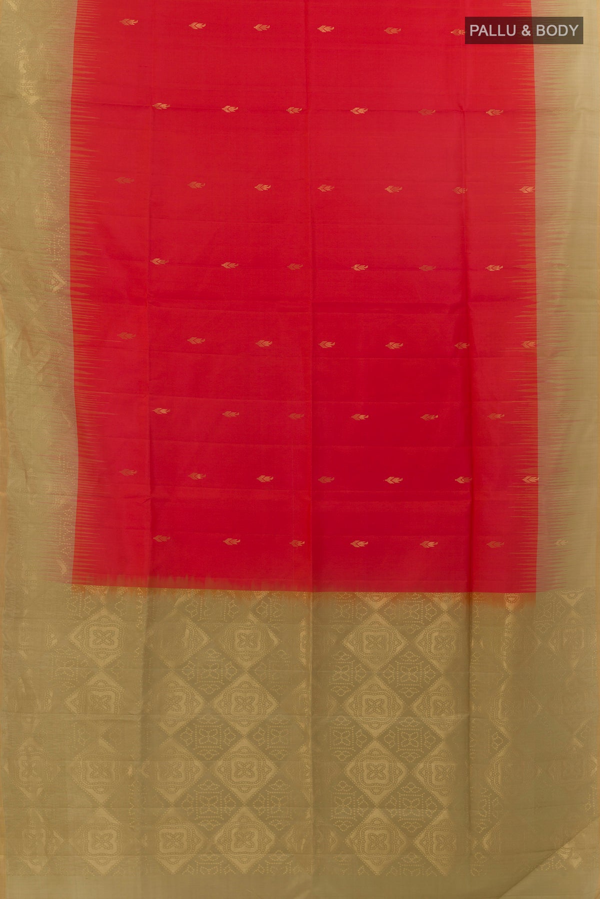 Flat view of Pure Silk Red Soft Saree with Zari Butta on the body and Zari Border. 