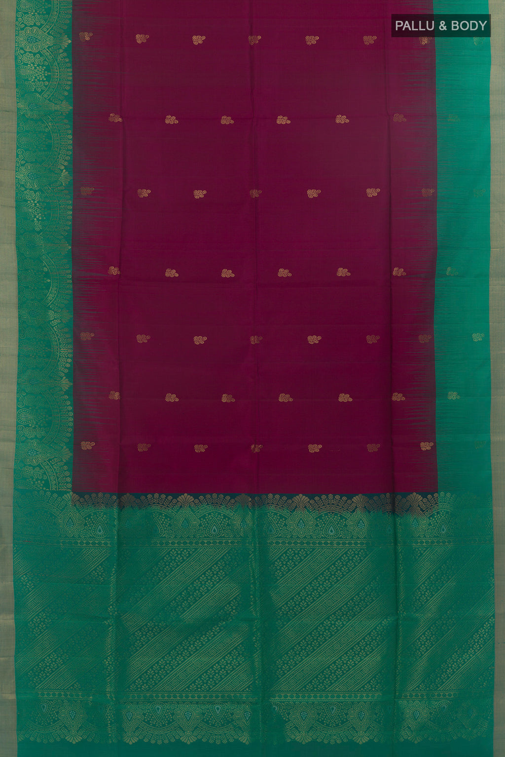 Flat view of Pure Silk Purple Soft Saree with Zari Butta on the body and Zari Border. 