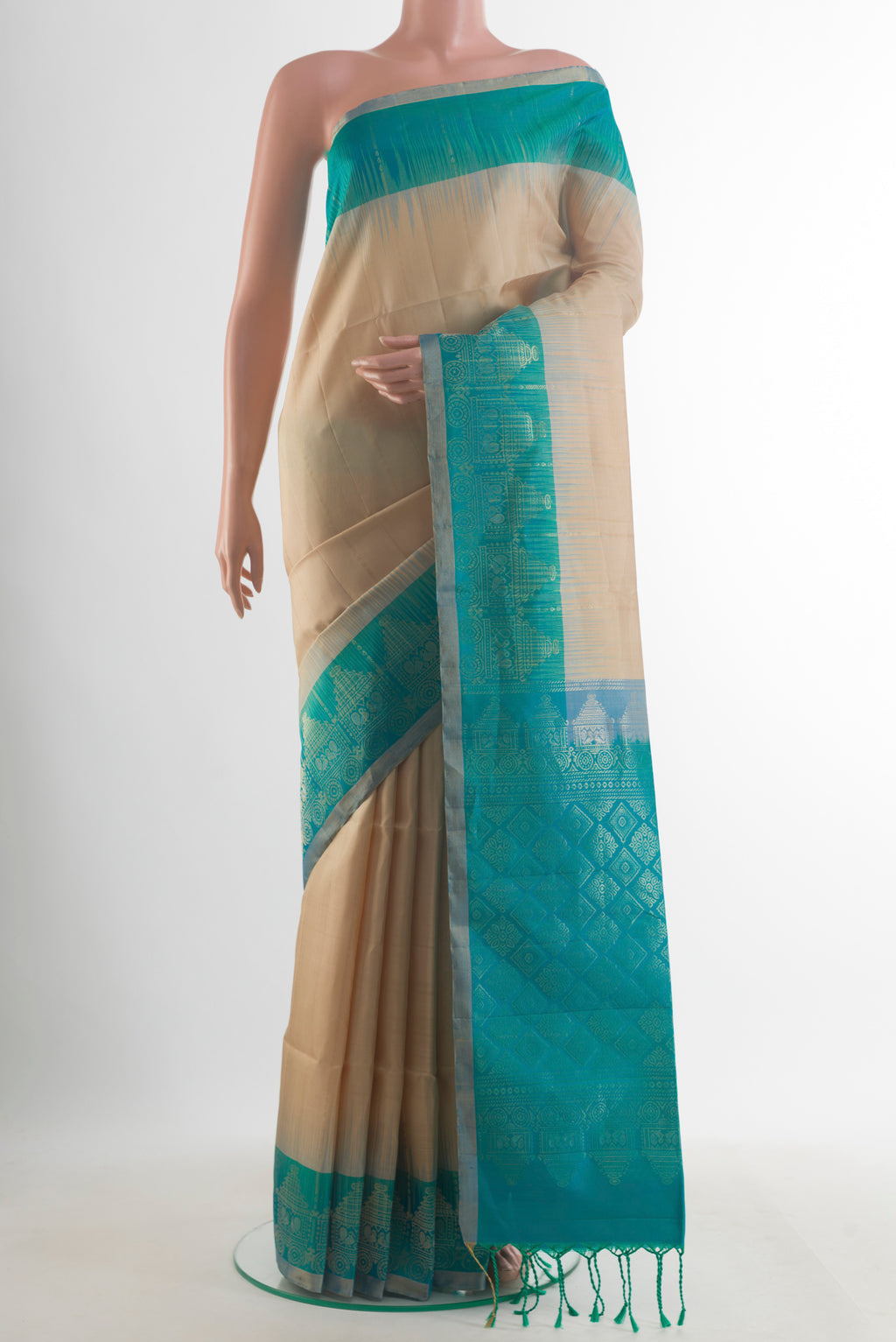 Pure Silk Beige Soft Saree with Stripes on the body and Zari Border.  displayed on a mannequin