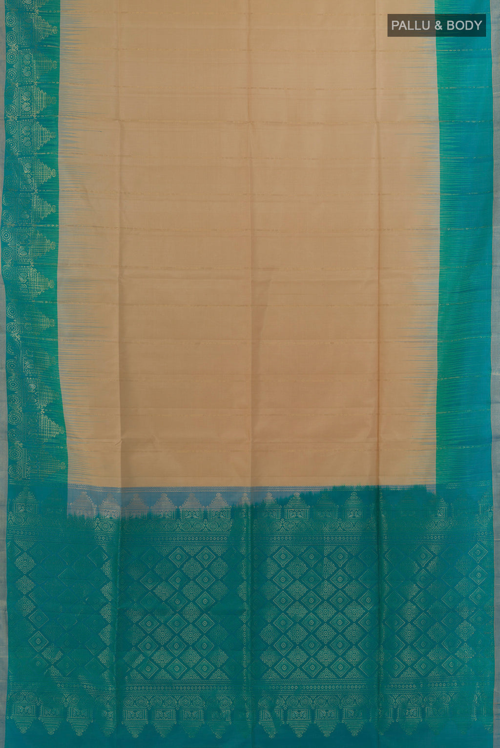 Flat view of Pure Silk Beige Soft Saree with Stripes on the body and Zari Border. 