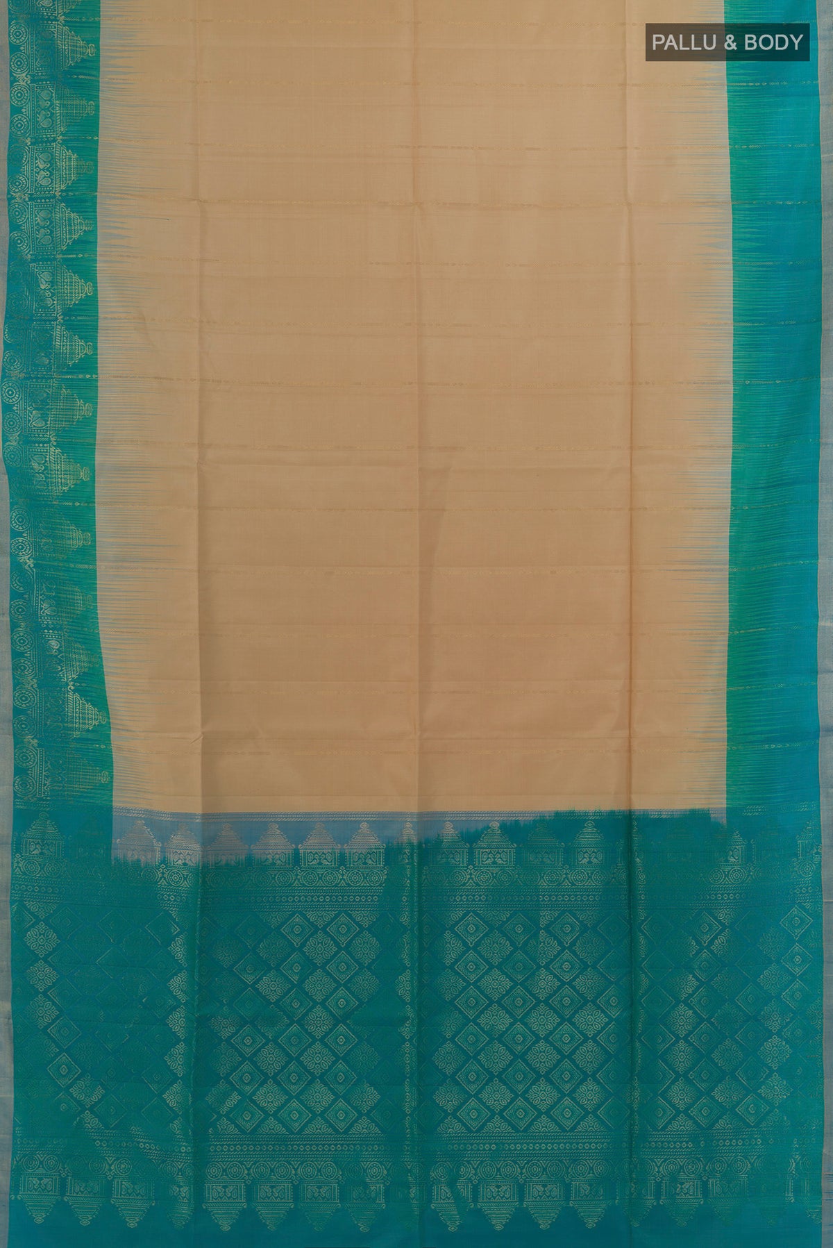 Flat view of Pure Silk Beige Soft Saree with Stripes on the body and Zari Border. 