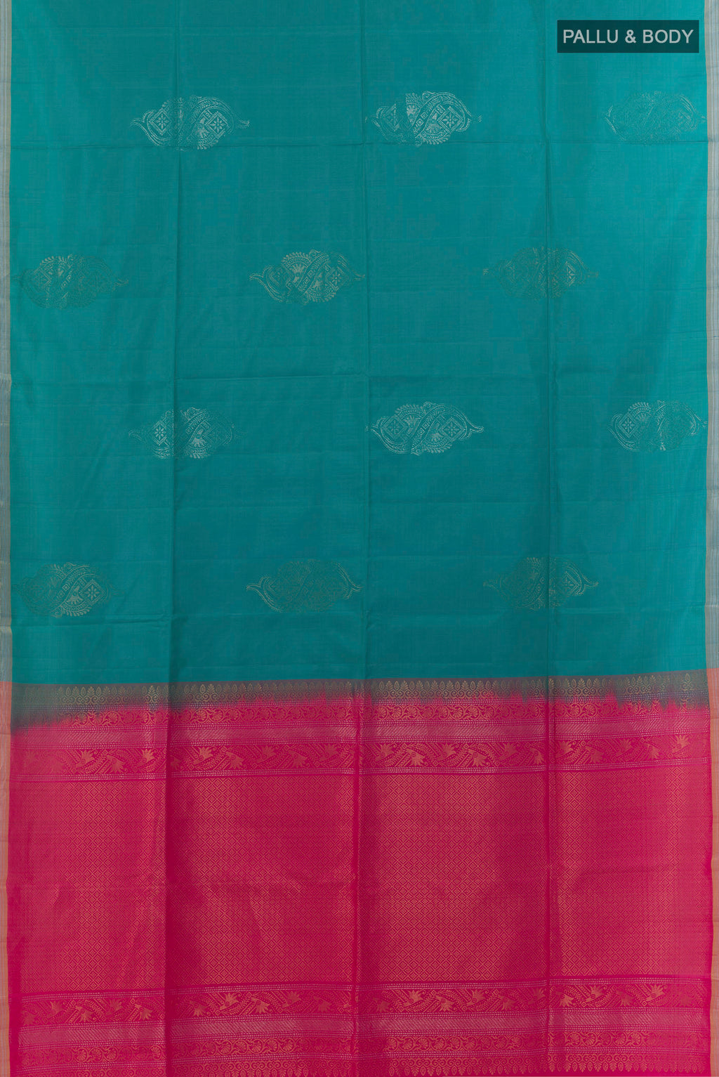 Flat view of Pure Silk Blue Soft Saree with Zari Butta on the body and Zari Border. 