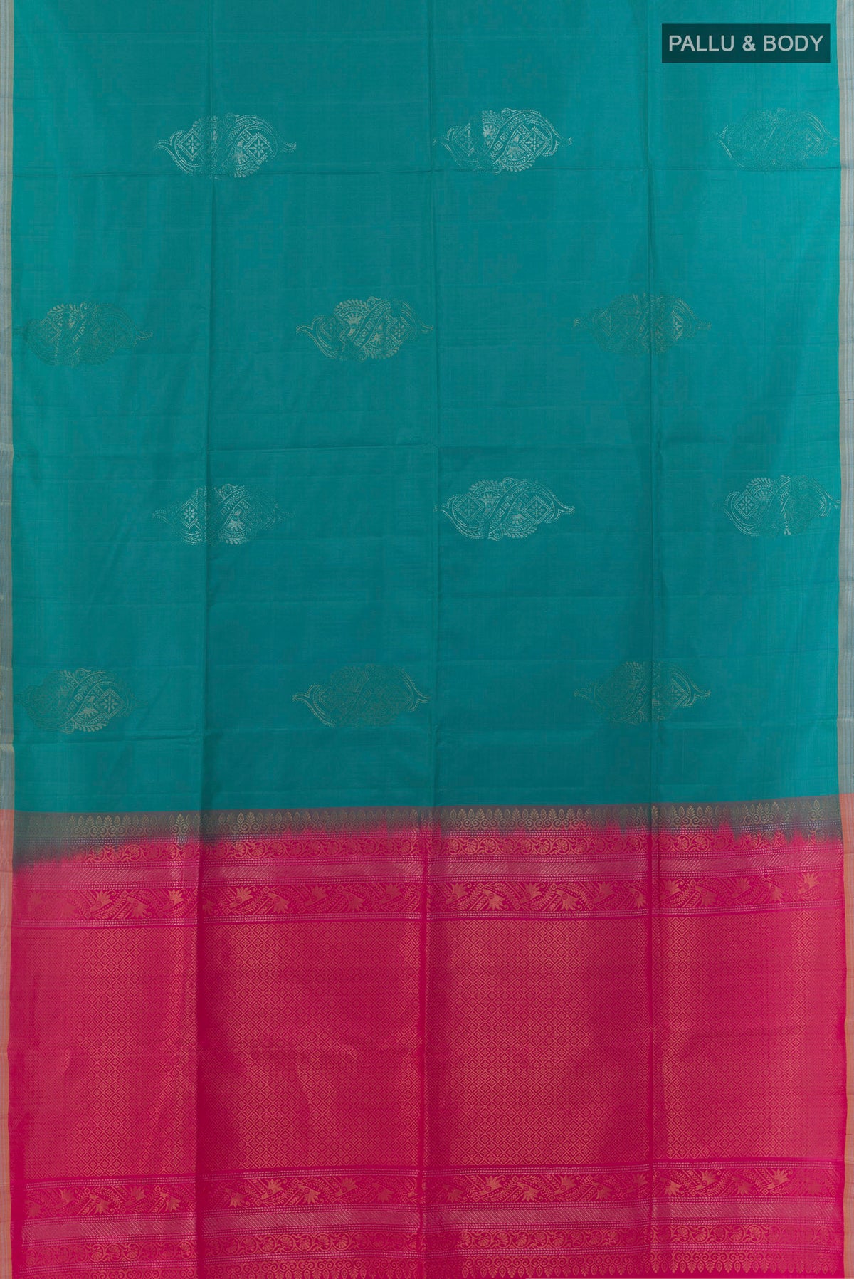 Flat view of Pure Silk Blue Soft Saree with Zari Butta on the body and Zari Border. 