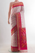 Pure Silk Off White Soft Saree with Ikat design on the body and Zari Border.  displayed on a mannequin