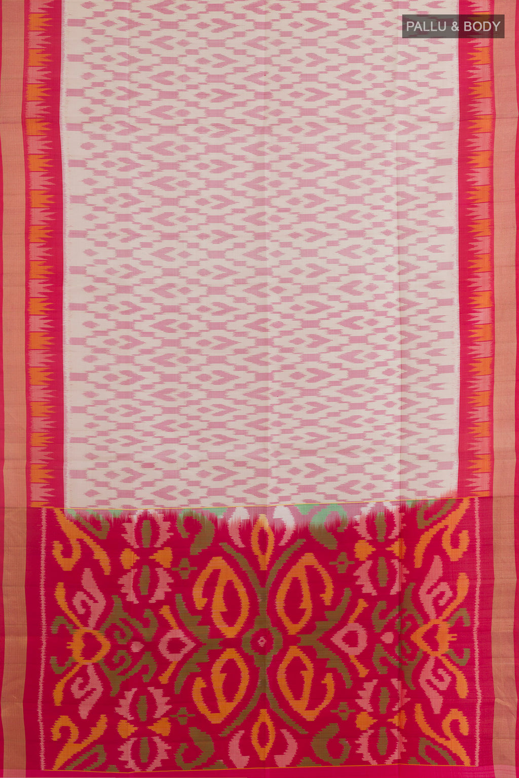 Flat view of Pure Silk Off White Soft Saree with Ikat design on the body and Zari Border. 