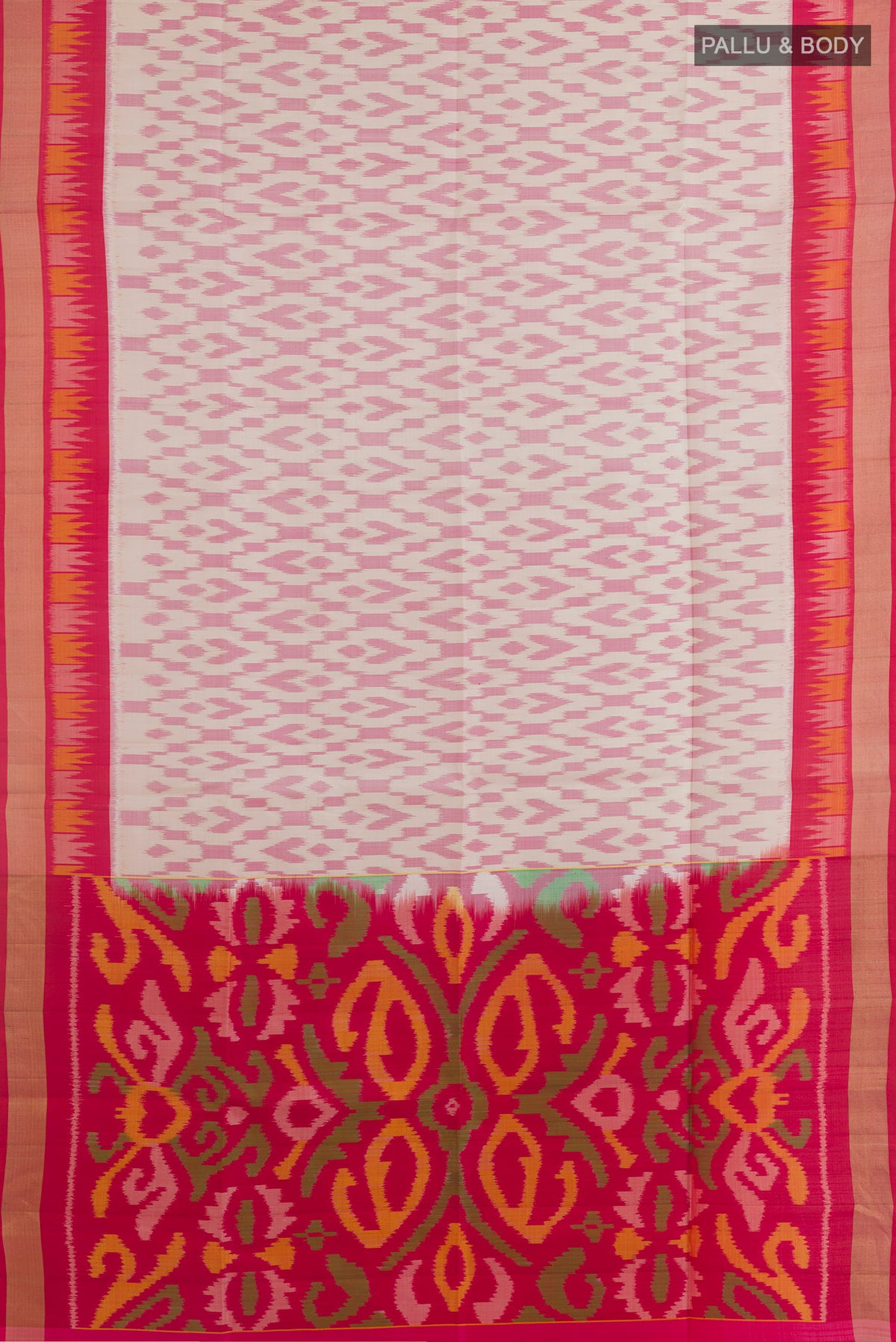Flat view of Pure Silk Off White Soft Saree with Ikat design on the body and Zari Border. 