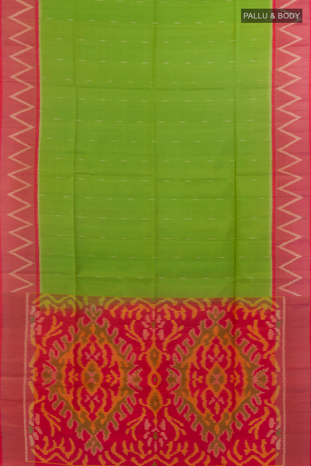 Flat view of Pure Silk Parrot Green Soft Saree with Ikat design on the body and Zari Border. 
