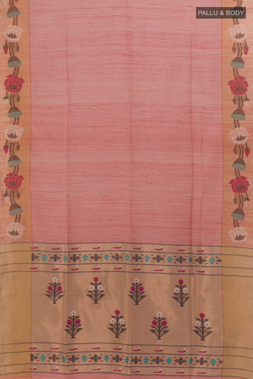 Flat view of Peach Tussar Saree with Plain Body and Zari Border. 