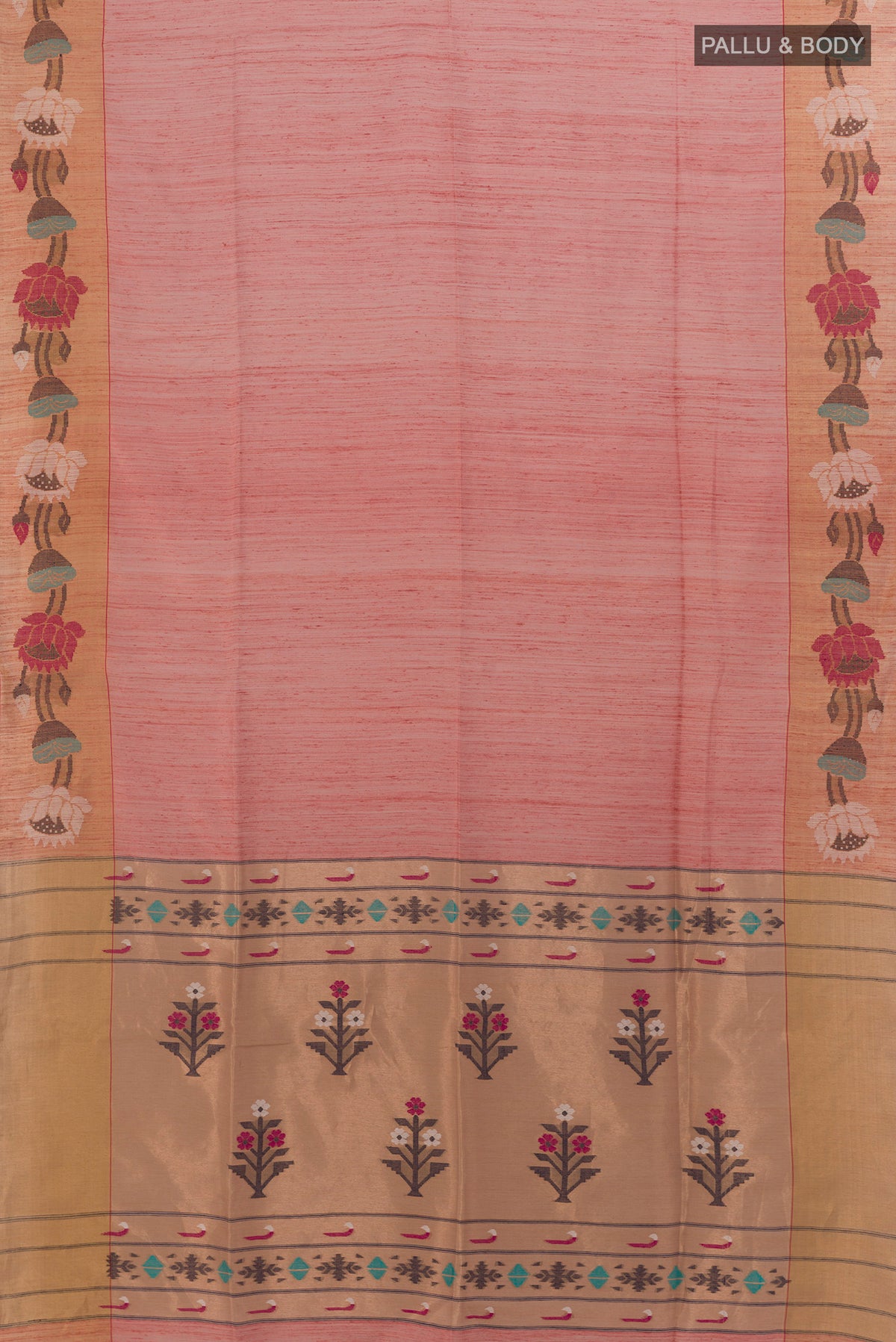 Flat view of Peach Tussar Saree with Plain Body and Zari Border. 