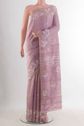 Pure Silk Lilac Jute Saree with Jamdani on the body and Thread Border.  displayed on a mannequin