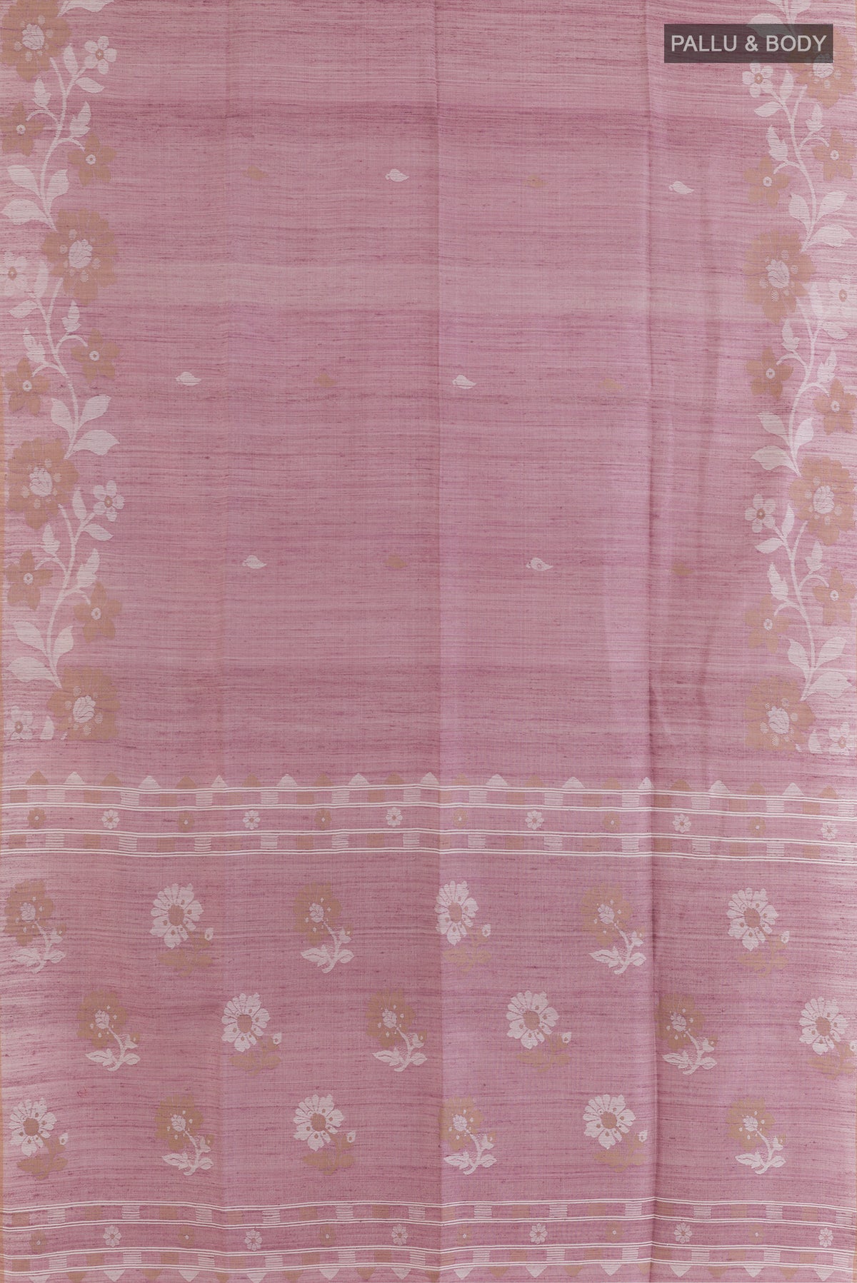 Flat view of Pure Silk Lilac Jute Saree with Jamdani on the body and Thread Border. 