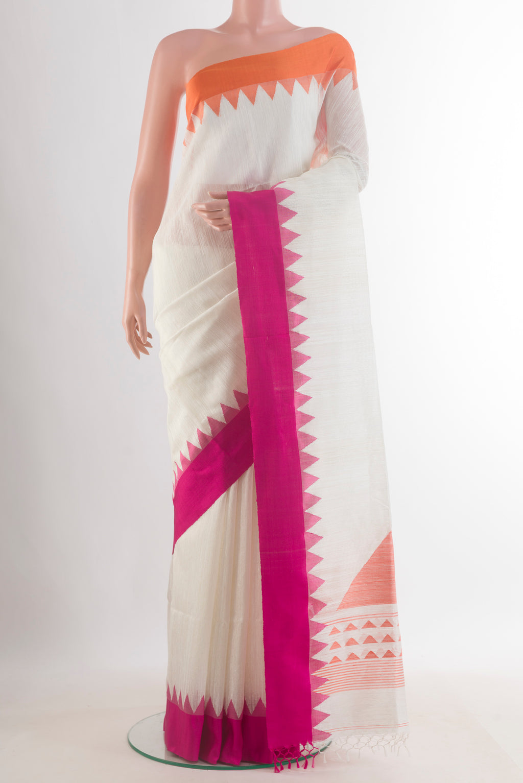 Pure Silk White Jute Saree with Plain Body and Ganga Jamuna Border.  displayed on a mannequin