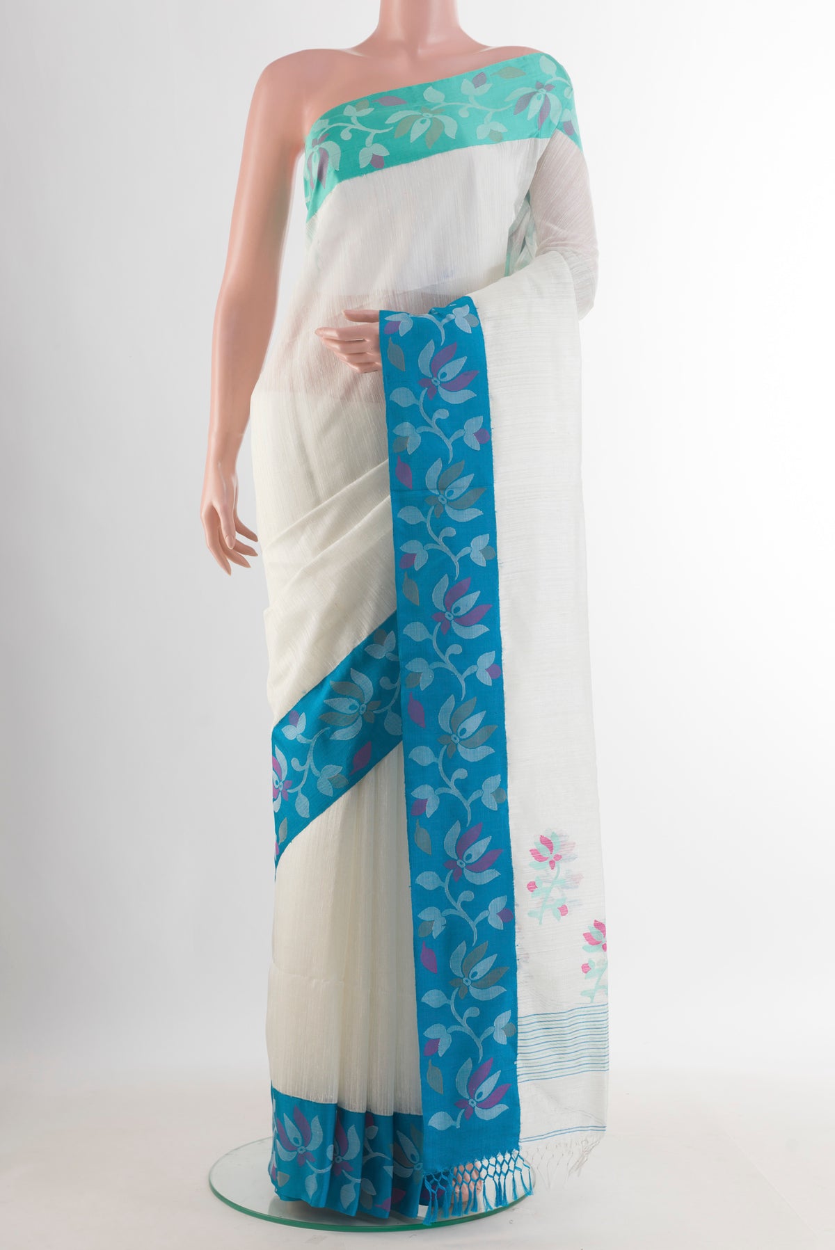 Pure Silk White Jute Saree with Plain Body and Ganga Jamuna Border.  displayed on a mannequin