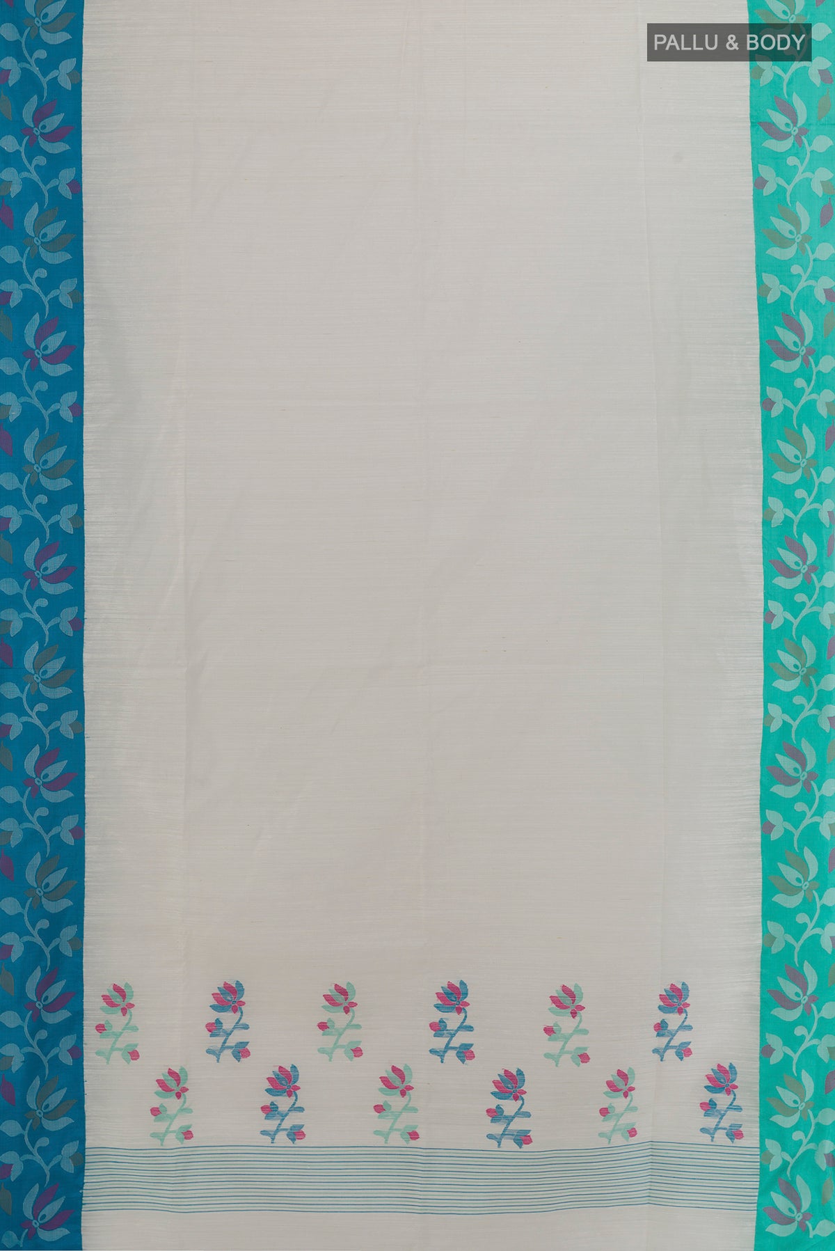 Flat view of Pure Silk White Jute Saree with Plain Body and Ganga Jamuna Border. 