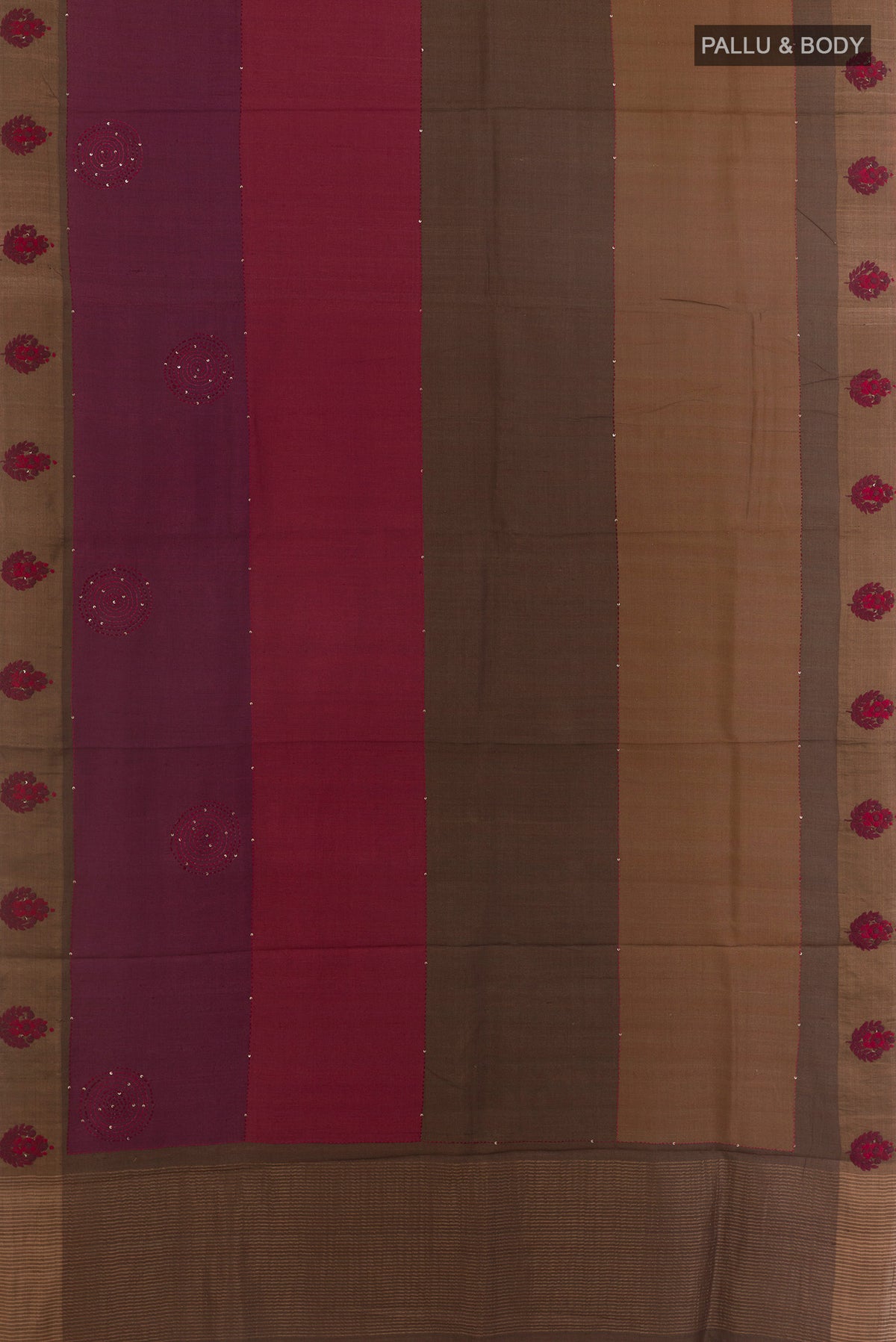 Flat view of Multi Color Tussar Saree with Embroidered on the body and Zari Border. 