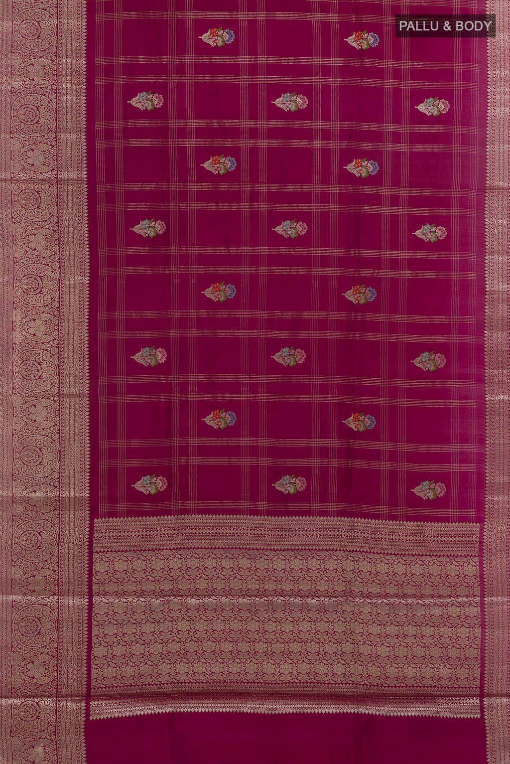 Flat view of Pure Silk Magenta Banarasi Raw Saree with Checked design on the body and Zari Border. 