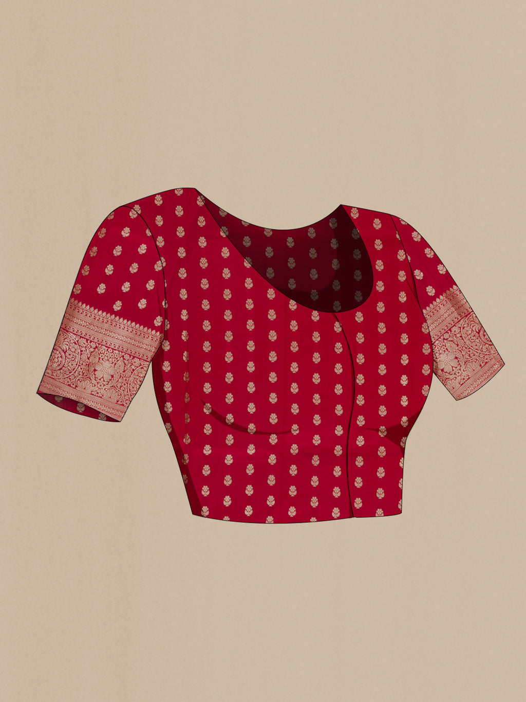 Close up image of the blouse of Pure Silk Red Banarasi Tussar Saree with Checked design on the body and Zari Border. 