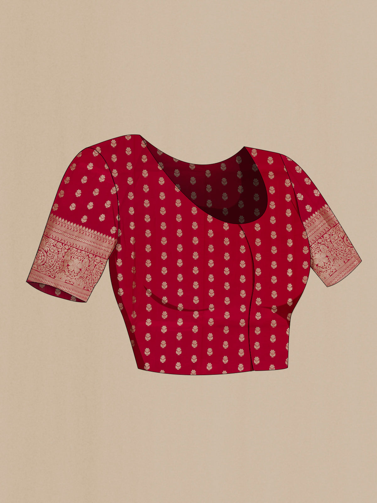 Close up image of the blouse of Pure Silk Red Banarasi Tussar Saree with Checked design on the body and Zari Border. 