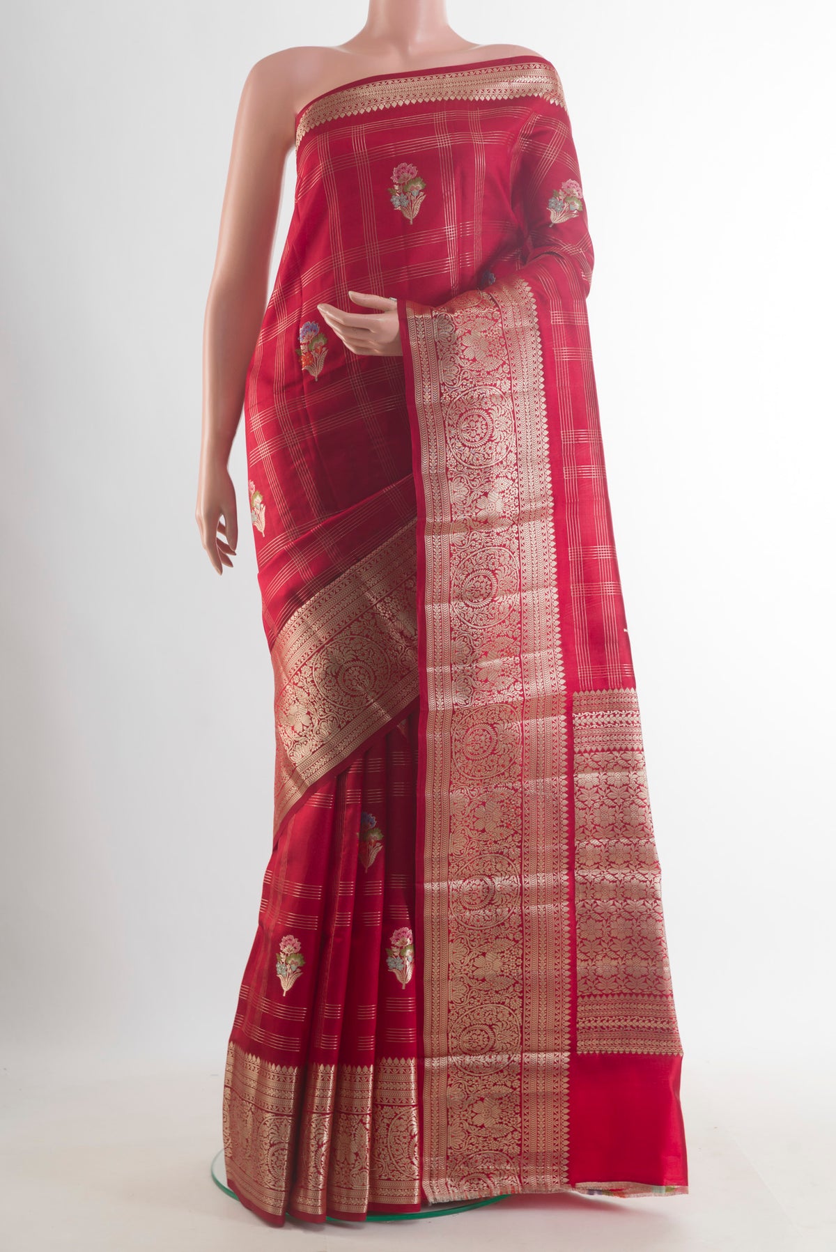 Pure Silk Red Banarasi Tussar Saree with Checked design on the body and Zari Border.  displayed on a mannequin