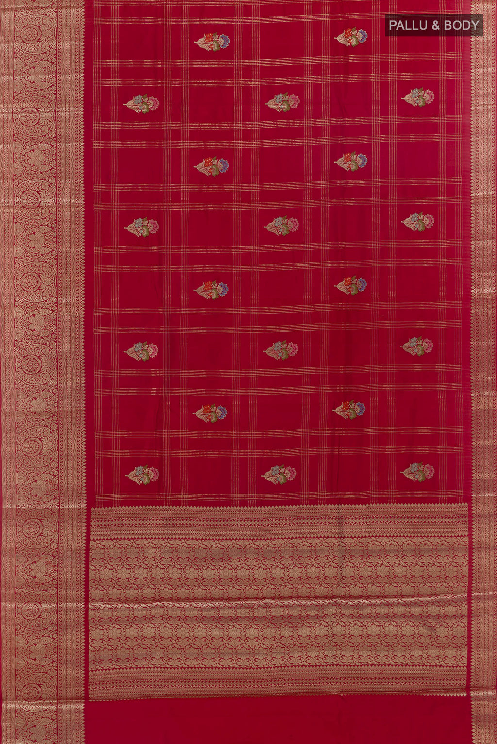 Flat view of Pure Silk Red Banarasi Tussar Saree with Checked design on the body and Zari Border. 