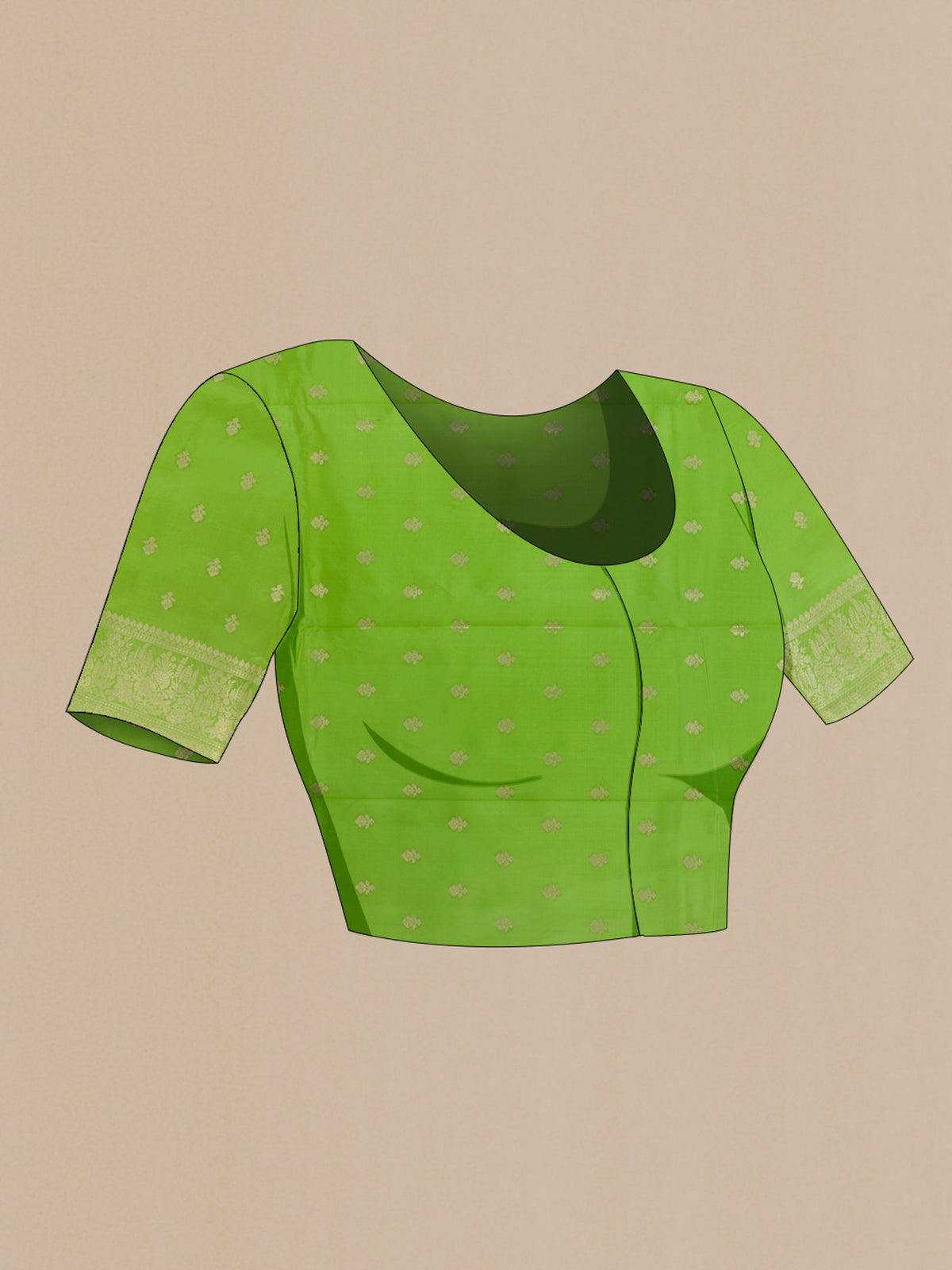 Close up image of the blouse of Parrot Green Tussar Saree with Zari Brocade on the body and Zari Border. 