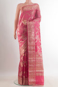 Coral Tussar Saree with Zari Brocade on the body and Zari Border.  displayed on a mannequin