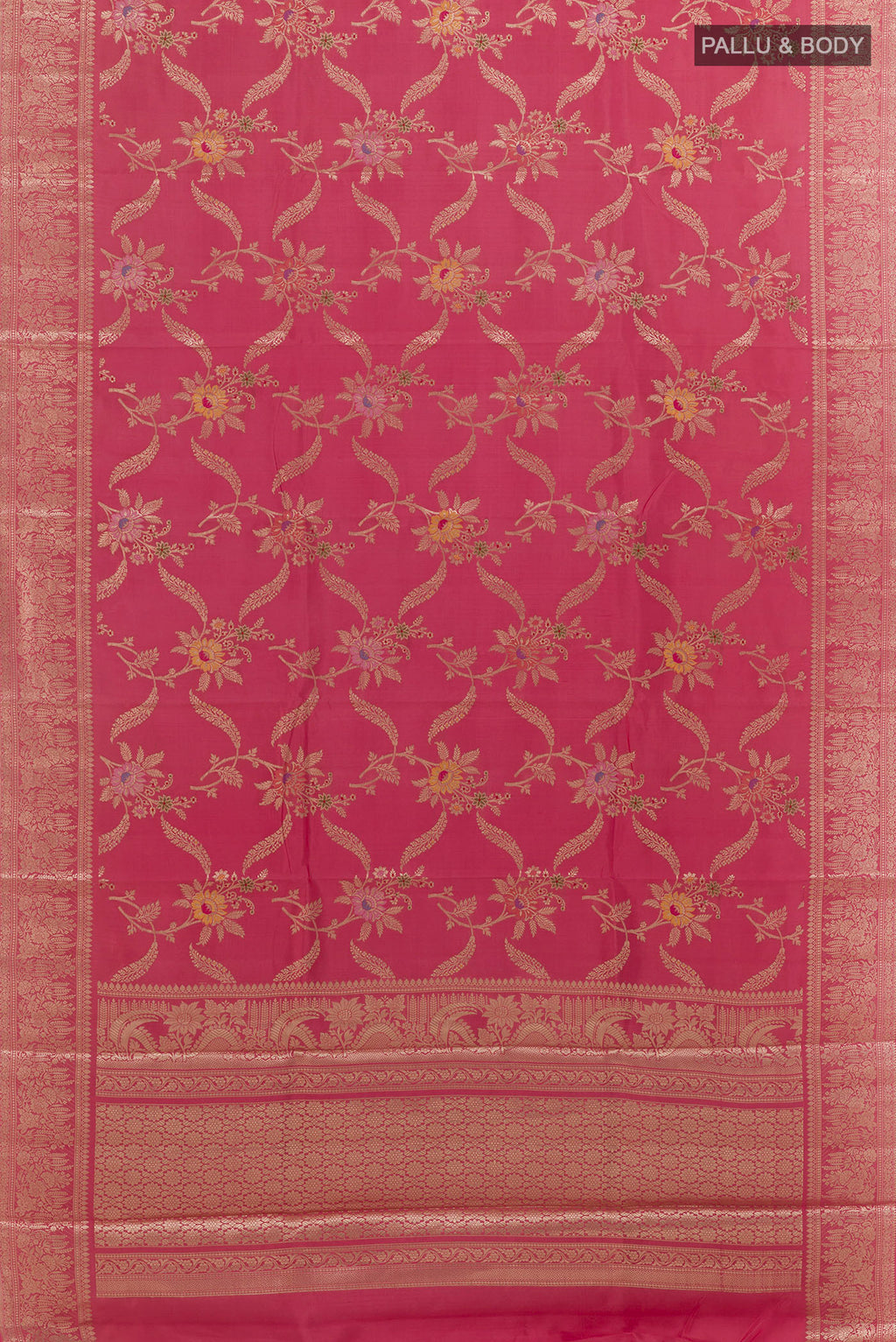 Flat view of Coral Tussar Saree with Zari Brocade on the body and Zari Border. 