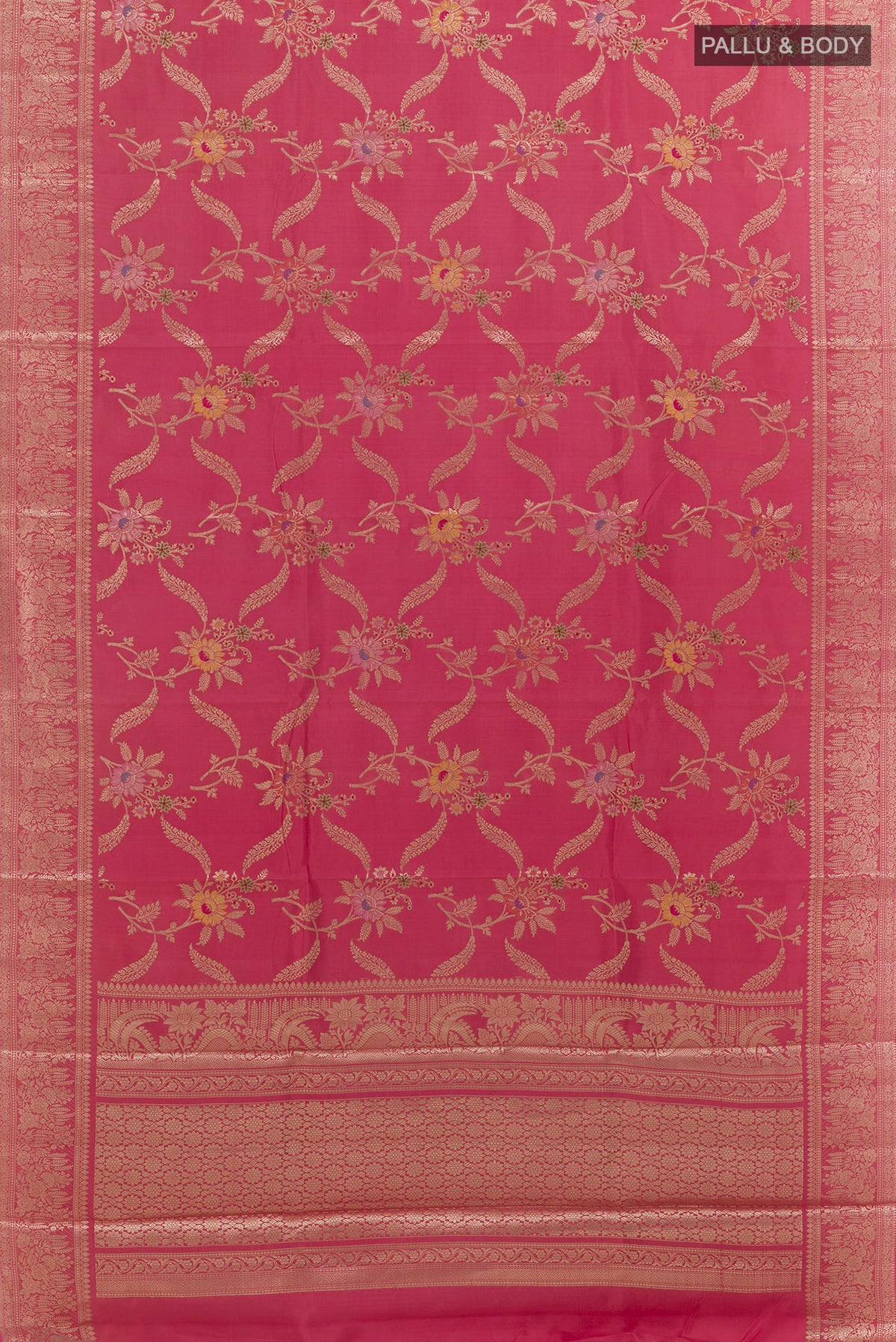 Flat view of Coral Tussar Saree with Zari Brocade on the body and Zari Border. 