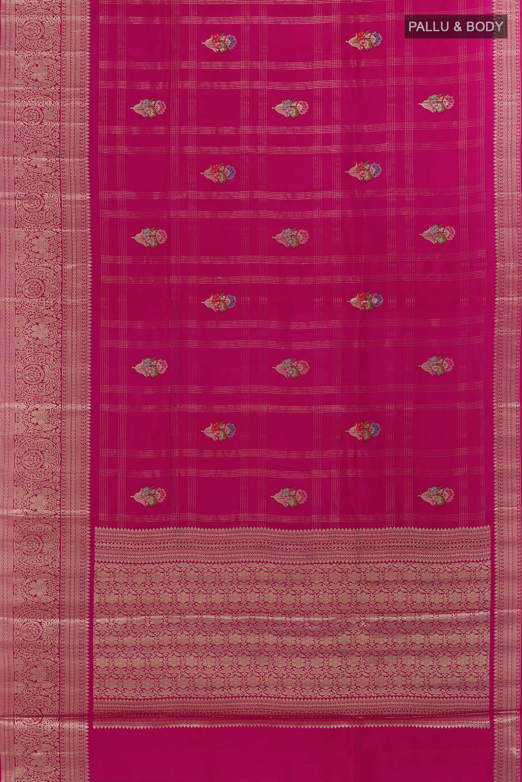 Flat view of Pure Silk Pink Banarasi Tussar Saree with Checked design on the body and Zari Border. 