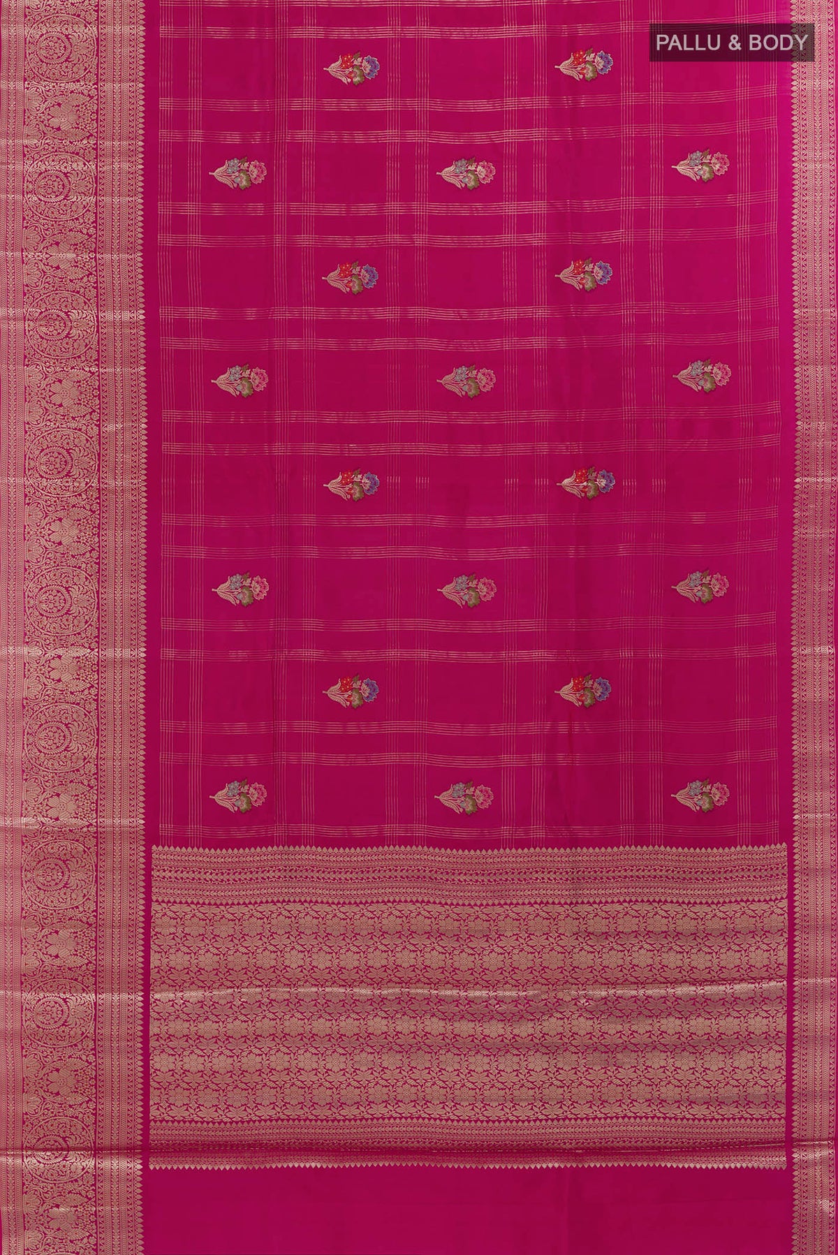 Flat view of Pure Silk Pink Banarasi Tussar Saree with Checked design on the body and Zari Border. 