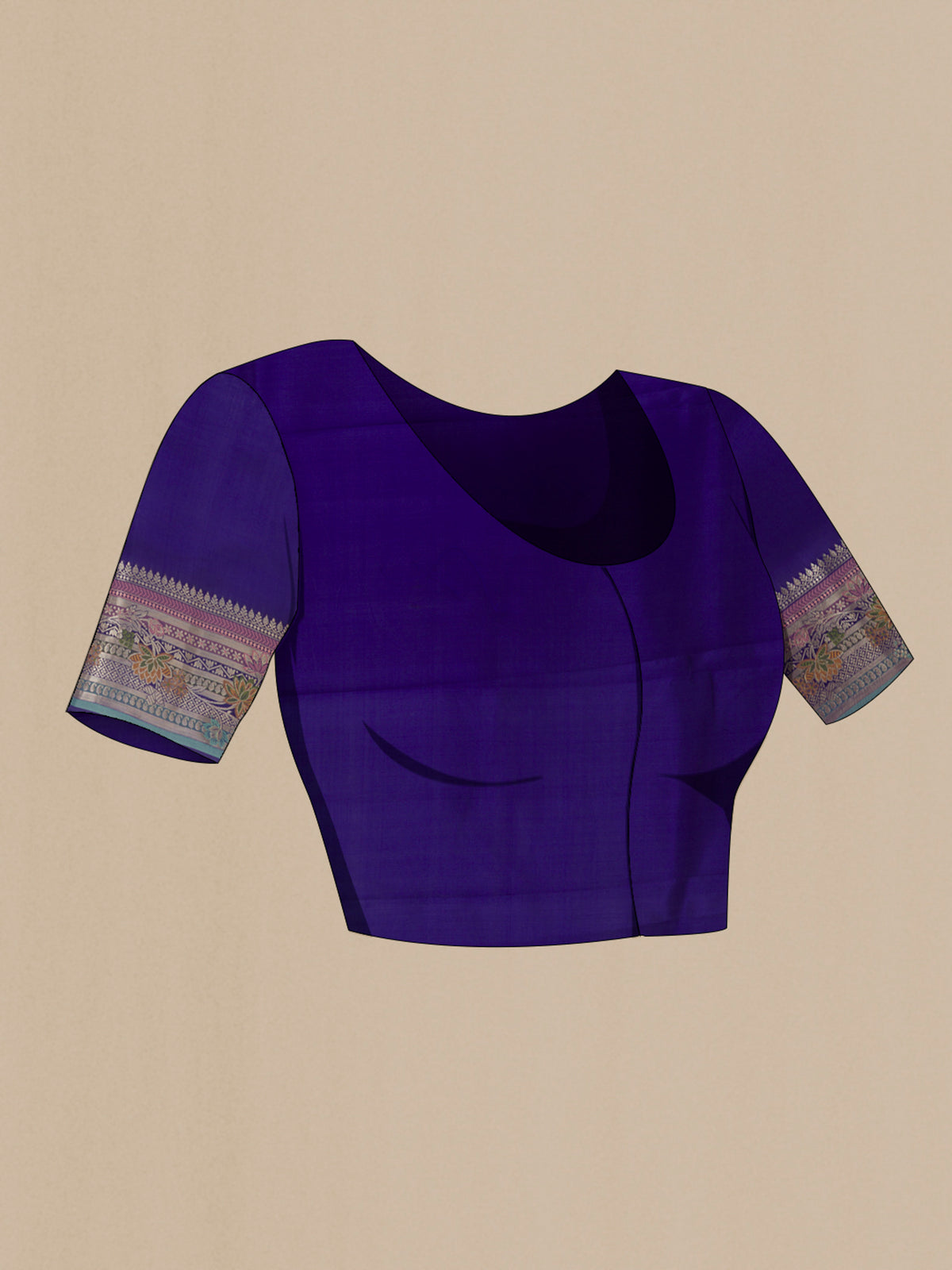 Close up image of the blouse of Blue Tussar Saree with Zari Butta on the body and Zari Border. 
