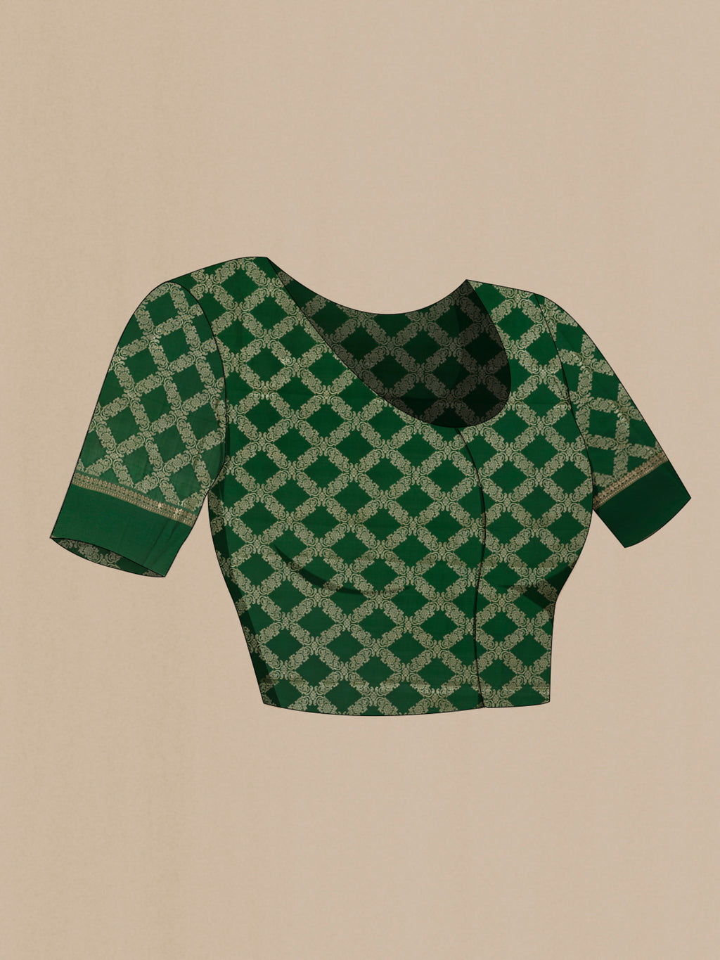 Close up image of the blouse of Bottle Green Tussar Saree with Zari Butta on the body and Zari Border. 