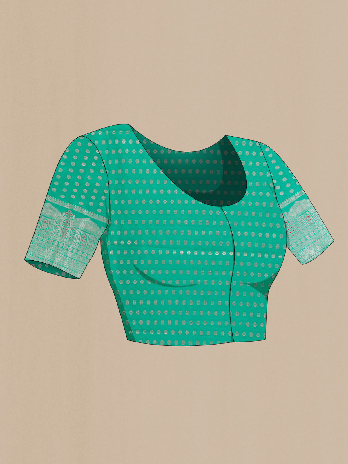 Close up image of the blouse of Sea Green Tussar Saree with Zari Butta on the body and Zari Border. 