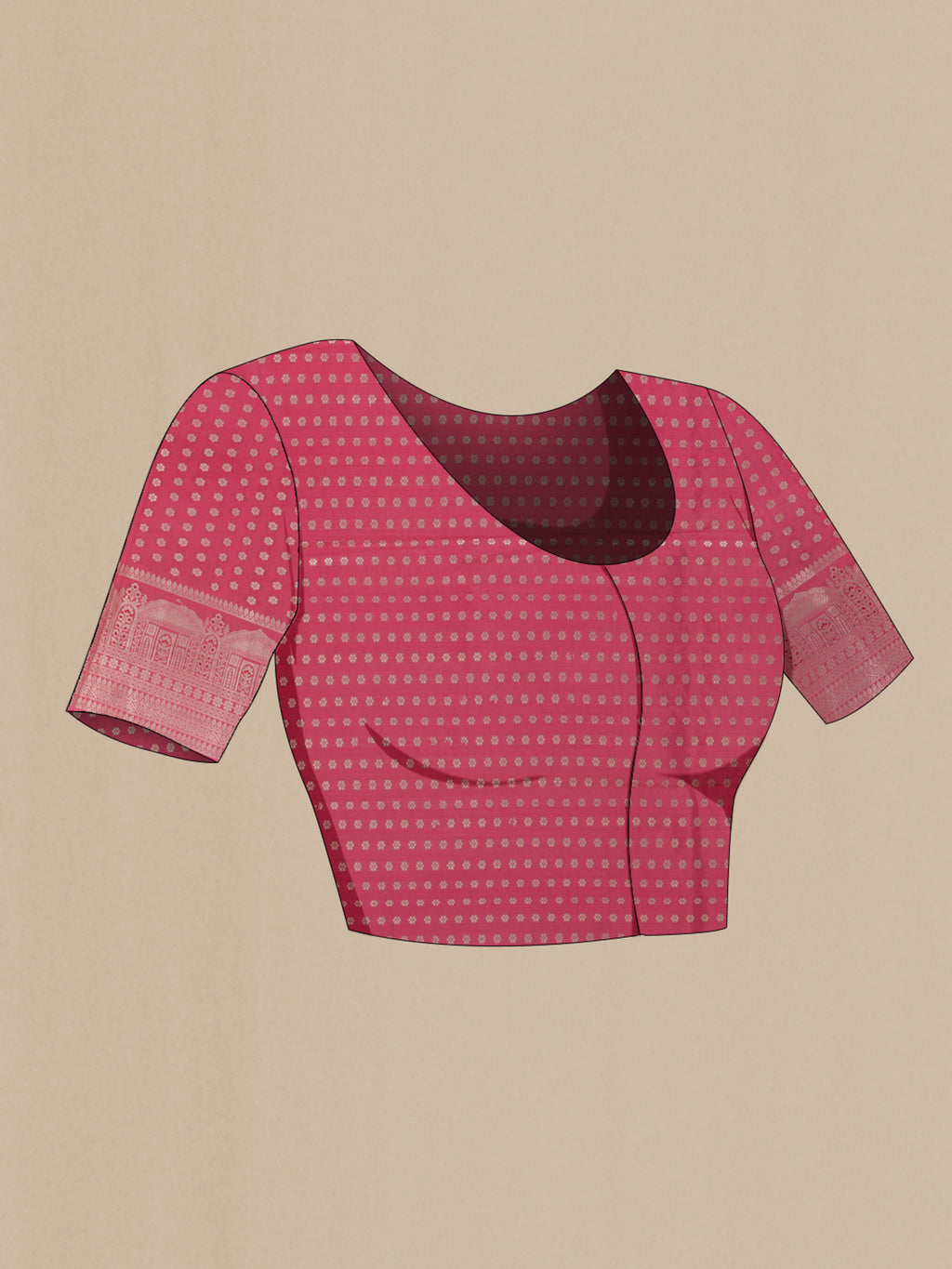 Close up image of the blouse of Pink Tussar Saree with Zari Butta on the body and Zari Border. 