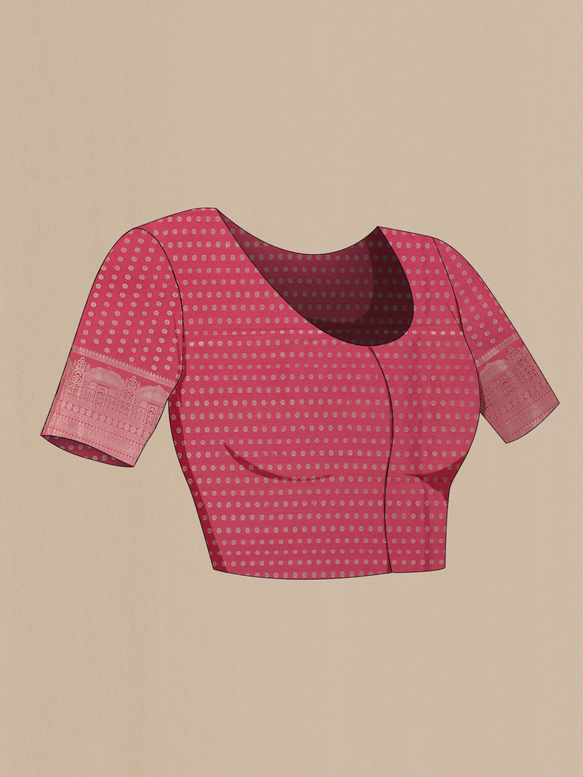 Close up image of the blouse of Pink Tussar Saree with Zari Butta on the body and Zari Border. 