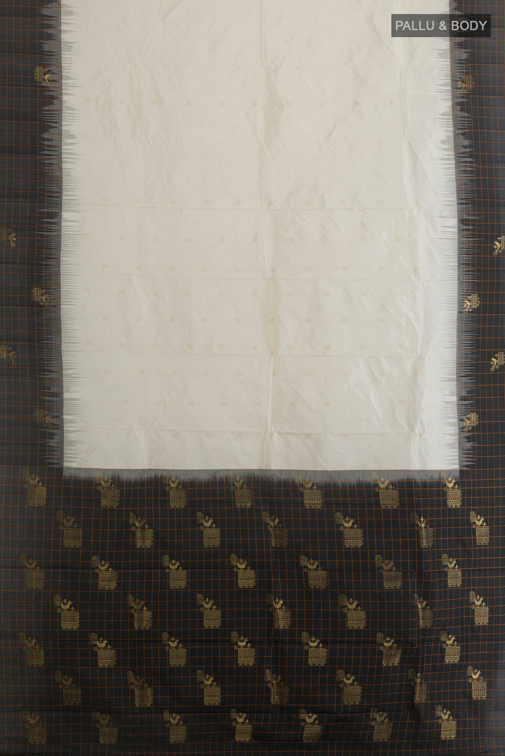 Flat view of Pure Silk Off White Kanchipuram Saree with Zari Butta on the body and Zari Border. 